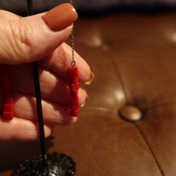 Red coral square beads & sterling silver Sherzada earrings dangle drop 3" long - Picture 6 of 10